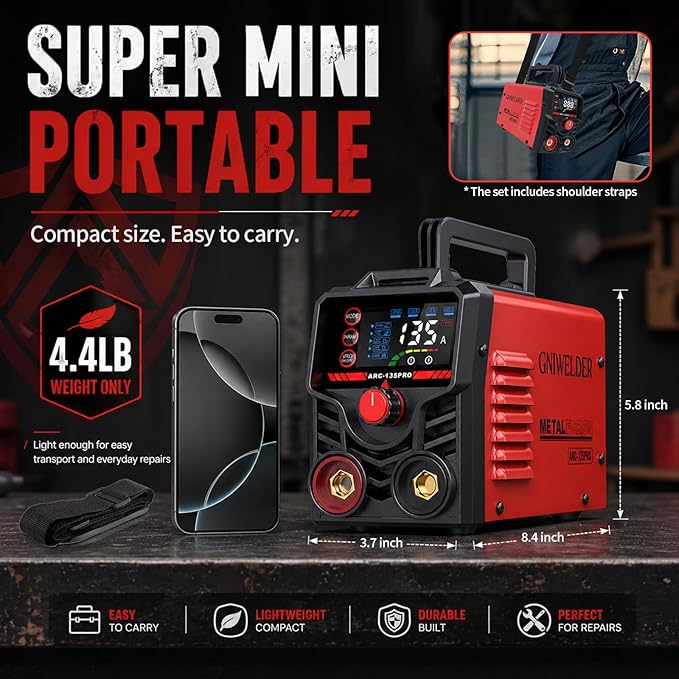 135A Mini Stick Welder 110V – Portable Arc Welder for Home DIY & Household Repairs, Weld 1/16″ to 1/8″ Steel, Easy Arc Start & Anti-Stick for Beginner, Includes Gloves & 20 Rods,4.4 lbs IGBT inverter