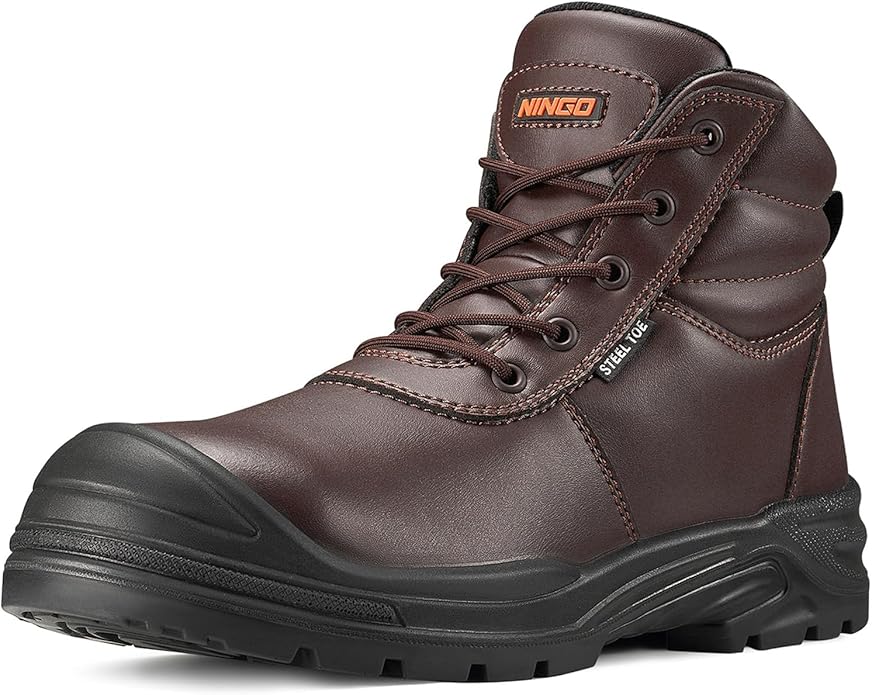 NINGO Steel Toe Work Boots for Men, Non Slip & Puncture Resistant Construction Boots with Breathable Lining, EH Protection, Comfortable Mens Safety Leather Work Shoes for Industrial, Walking Warehouse