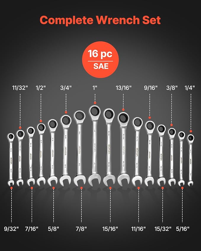 VEVOR Combination Wrench Set, 16-Piece SAE Sizes, 72 Teeth, Cr-V Steel Ratcheting Wrench Set, with Roll Up Pouch, Open End, Clear Size Labels, for General Household and Automotive Repairs, Silver