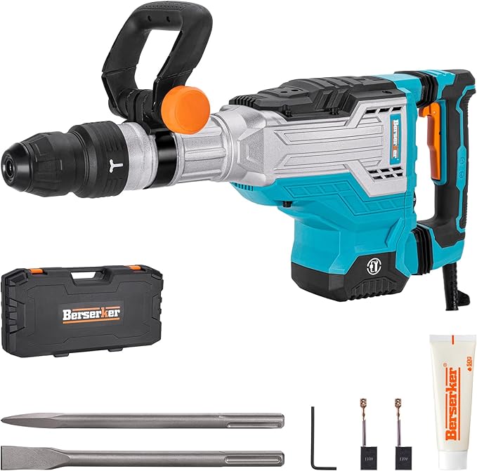 Berserker 1700W 25-Pound SDS-Max Demolition Jack Hammer 65H,14-Amp Corded | Inline Medium & Heavy duty Electric Concrete/Pavement Breaker with Variable Speed,Vibration Control,Carrying Case & 2 Chisels