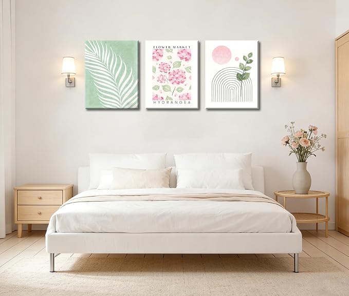 Framed Pink And Green Abstract Leaves Wall Art,Boho Botanical Canvas Wall Art Set of 3, Pink Hydrangea & Sage Palm Prints, Wall Decor for Girls Room Bedroom Living Room Bathroom, 12x16 Inch