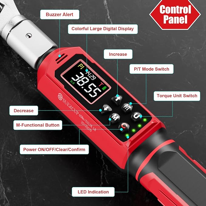 SUERCUP Adjustable Digital Torque Wrench 0.66-44.29Ft.Lb/0.9-60N.m,9x12 mm Open End Hvac Torque Wrench with 3/8 Drive Ratchet Head&42mm Jaw, Vibration, Buzzer,LED Notification for Split AC, Bike, Moto