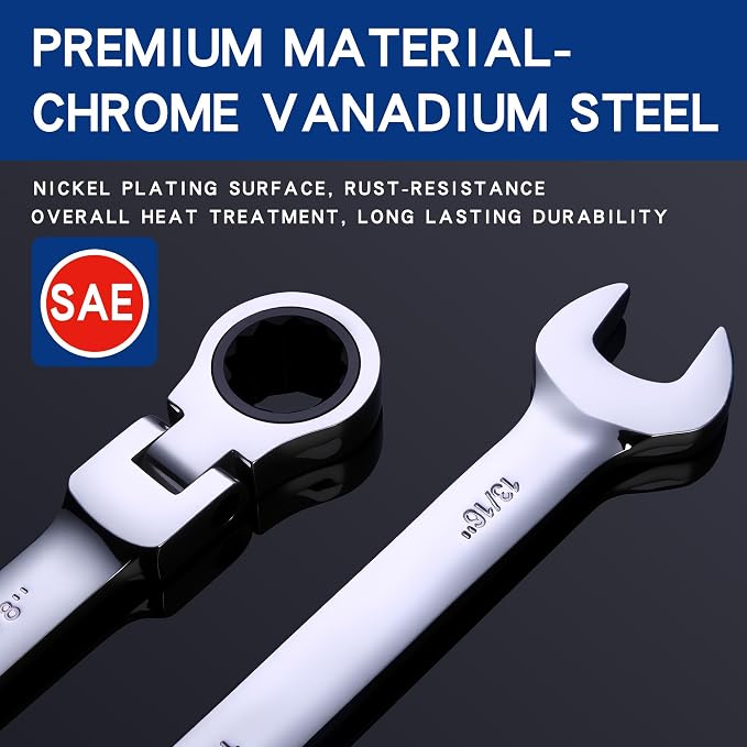 Qnkaa 24pcs Flexible Ratcheting Wrench Set Metric 8-19mm & SAE 1/4" to 7/8" | 180° Flex-Head Spanner, Gear Ring Ratchet, Combination Wrenches Kit,,Cr-V Steel With Pouches