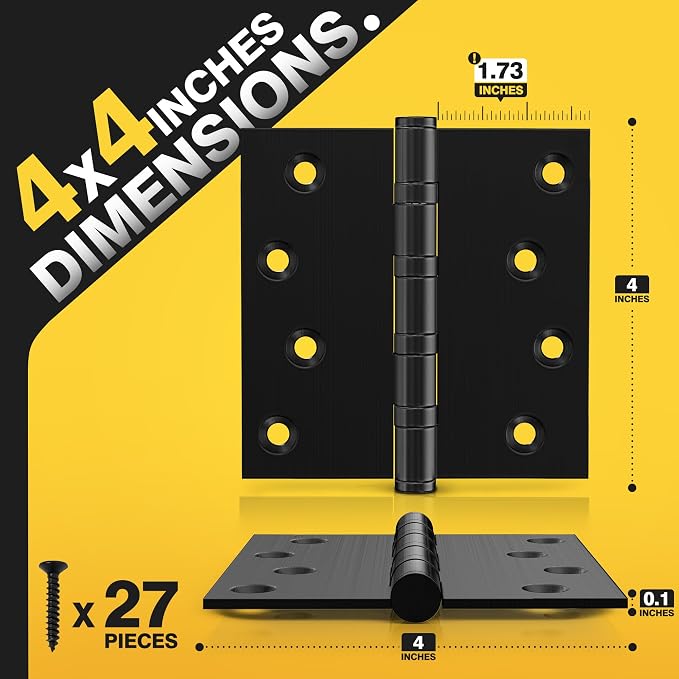KOLET Ball Bearing Door Hinges, 4 x 4 Inches Door Hinges, Square Corner Heavy Duty Hinges, Commercial Grade Stainless Steel, Smooth and Non Removable Pin, Matte Black, 3 Pack