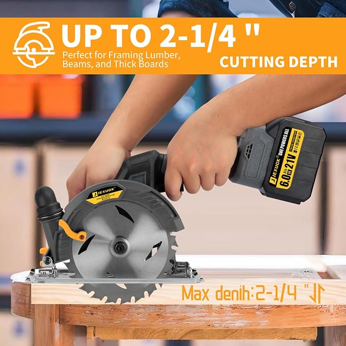 JEXUGK 6-1/2" Circular Saw, Cordless Sierra Circular Inalambrica with 2 x 6.0AH Battery,Brushless Electric Power Circle Saw with 3 Blade Cutting Precise Wood for Max Cut Depth 2-1/4"(90°)1-7/16" (45°)