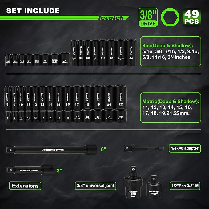 TecoTek 3/8" Drive Impact Socket Set, 49-Piece Standard SAE (5/16"-3/4") and Metric (8mm-22mm), 6 Point, Cr-V, Extension Bars, 1/2" F to 3/8" M Reducer, Universal Joint and Power Drill Adapter