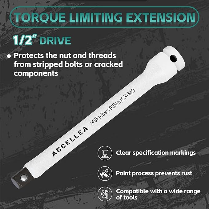 10Pcs Torque Limiting Extension Set 1/2" Drive 65-150 Ft-Lbs Torque Sticks | 8" Long Industrial Grade CR-MO Steel, Color-Coded Impact Socket Extension Bar Set, SAE Standard for Lug Nuts, Tire Repair