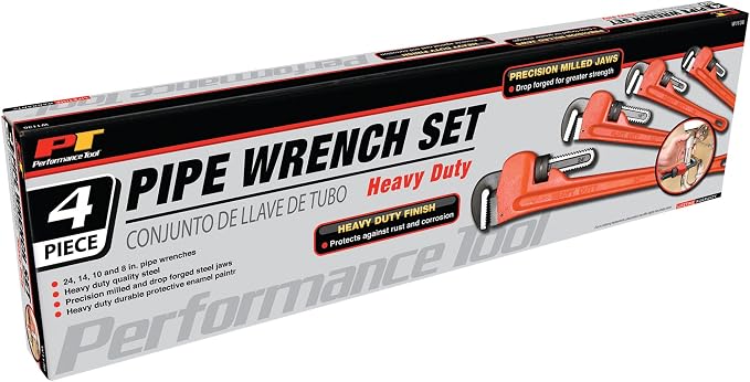 Performance Tool W1136 4-Piece Pipe Wrench Set, 8, 10, 14, 24 in. | Adjustable plumbing tool set. Drop-forged and precision milled steel jaws. Durable protective enamel paint