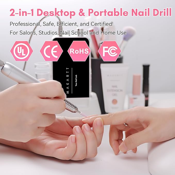 Makartt Nail Drill Professional, 35,000RPM Electric Nail File for Acrylic & Gel Removal, 60W Brushless Coreless Motor, 2-in-1 Desktop & Portable, LCD Display, Rechargeable, Quiet, F&R, Nouvella Black