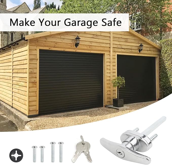 T-Handle Garage Door Lock with Cylinder - Includes 2 Keys & Black Spacers + Multi-Screw Kit, Fits 1-3/8" to 2" Thick Doors-1 Pack