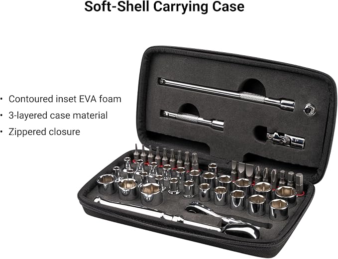 TEKTON 1/4 Inch Drive 12-Point Small Engine Socket Set, 50-Piece | SKT07905 | (5/32 - 9/16 in., 4 - 15 mm, Phillips #1 - 3, Slotted 3/16 - 5/16 in., T7 - T30), Shallow, Zipper Case, Custom Foam