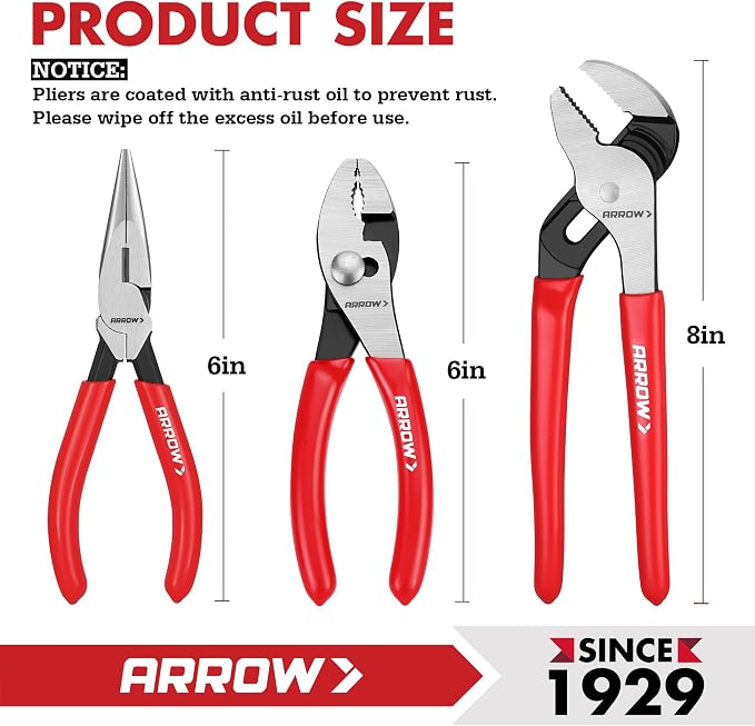 ARROW 3PCS Pliers Set, Premium Carbon Steel | 6" Needle Nose Pliers, 6" Slip Joint, 8" Groove Joint with Non-Slip Handle, for Daily Repair & Home Maintenance