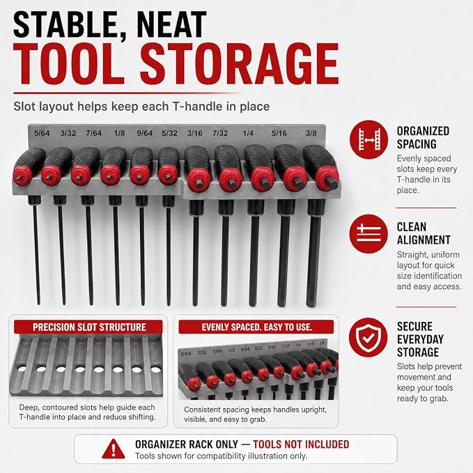 Magnetic T-Handle Hex Key Organizer Rack – Tool Holder for Harbor Freight ICON Style T Handle Wrenches – sae/metric/torx Storage Options (sae)