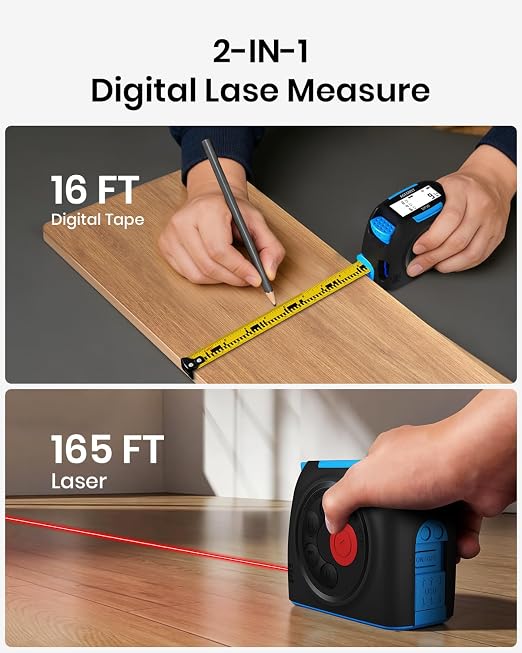 ACEGMET DT30 Digital Tape Measure, 131ft Laser&16ft Tape, ±1/16" Precision | USB-C Rechargeabl, Smart App Sync, Backlit LCD, Area Volume Pythagorean, Auto Tape Lock, Laser Tape Measure, IP54 Waterproof