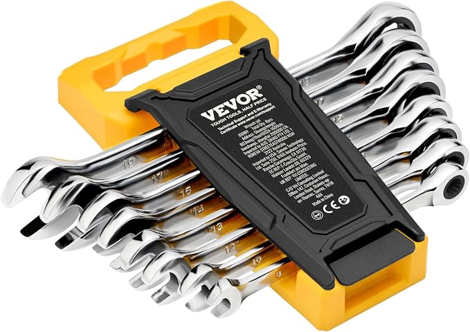 VEVOR Combination Wrench Set, 8-Piece Ratcheting Wrench Set with Organizer Rack, Cr-V Steel, Metric 8 mm to 19 mm, Ideal for General Household, Garage, Workshop, Auto Repairs, Emergency