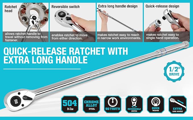 DURATECH Extra Long Handle 1/2-Inch Drive Ratchet, 90-Tooth Ratchet Wrench | Quick-Release Socket Wrench with 20" Extra Long Handle, Teardrop Ratcheting, Reversible, CR-V Made, CR-MO Head,Full Polished