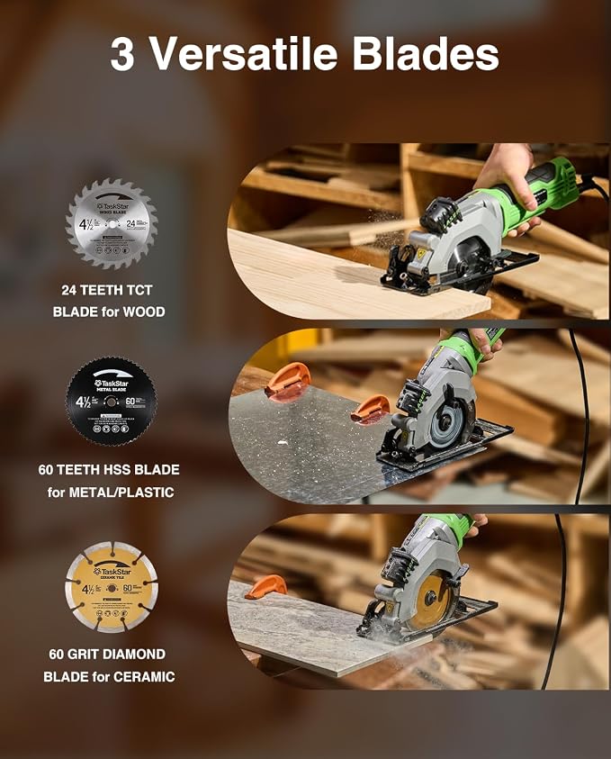TaskStar Mini Circular Saw with Laser Guide: 4.8A 4000RPM Compact Corded Power Cutter, 4-1/2 in Electric Hand Tool with Rip Fence, 3 Blades for Wood, Soft Metal, Tile, Plastic Cutting