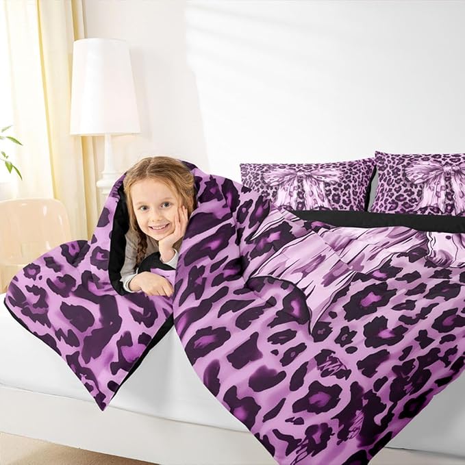 Feelyou Leopard Print Kids Comforter Set King Size Purple Cheetah Print Bedding Set Bowknot Duvet Quilt for Kids Boys Girls Bedroom Decor Microfiber Ultra Soft Breathable