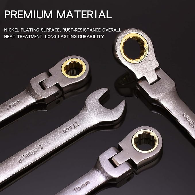 Qnkaa Flexible Ratcheting Wrench Set 12pcs Metric 8-19mm Flex-Head Spanner Gear Ring Ratchet Combination Wrenches Kit with Portable Organizer