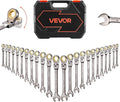 VEVOR 24-piece Ratcheting Wrench Set with 180° Flex Head, Anti-Slip Tooth, Combination Wrench Sets with Organizer Box, Metric 8-19mm & SAE 1/4-3/4", Nickel Plating