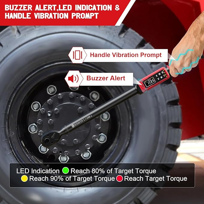 SUERCUP 1/2-inch Digital Torque Wrench(3.8-250.8Ft.Lb/5.1-340Nm) ±1% Accuracy Digital Torque Wrench with Vibration, Buzzer,LED Notification and Five Units of Measure, for Car,Motorcycle Repair, DIY