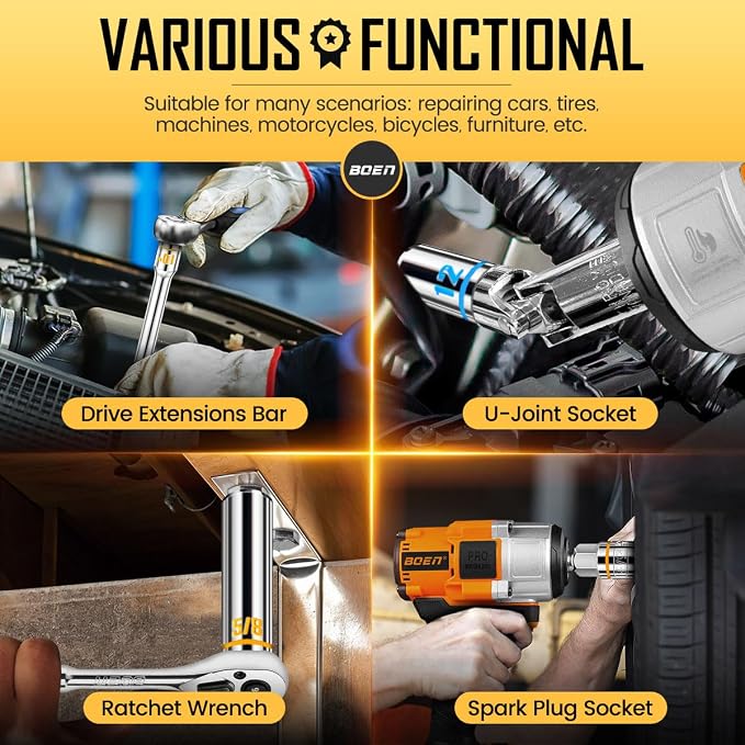 BOEN 3/8-Inch Drive Socket Wrench Set, 76-Piece Metric (6-24mm) & SAE (1/4" to 1"), Deep & Shallow Kit with Embossed & Painted Markings, Ratchet Handle, Spark Plug Sockets, Breaker Bar