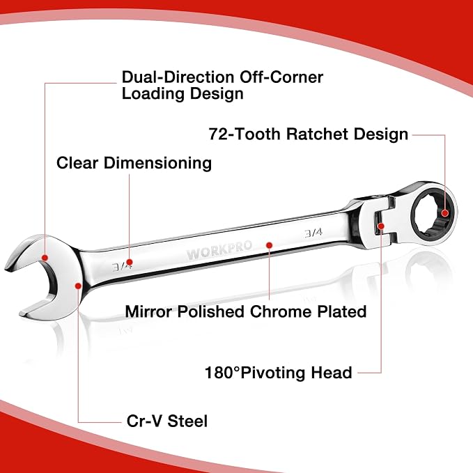 WORKPRO 8-piece Ratcheting Combination Wrench Set, SAE & Polished | SAE 5/16-3/4", 180° Flex-Head, 72-Tooth Ratchet, Cr-V Steel, Roll Up Pouch for Auto Repair & Home DIY