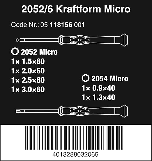 Wera 2052/6 Kraftform Micro Ballhead Hexagon Electronics Screwdriver Set and Rack, 6-Piece