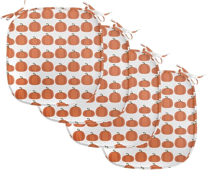 Lunarable Autumn Pumpkin Chair Seating Cushion Set of 4, Simplistic Halloween Fruit Pattern on Plain Backdrop, Anti-Slip Seat Padding for Kitchen & Patio, 16"x16", Burnt Orange Green Brown