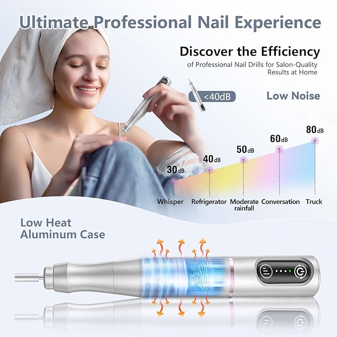 TUOBEO Cordless Nail Drill Electric Rechargeable File Kit, Professional Efile Acrylic Gel Nail Polish Remover Pedicure Manicure Machine Portable Set with 11 Bits 56 Sanding Bands for Salon Silver