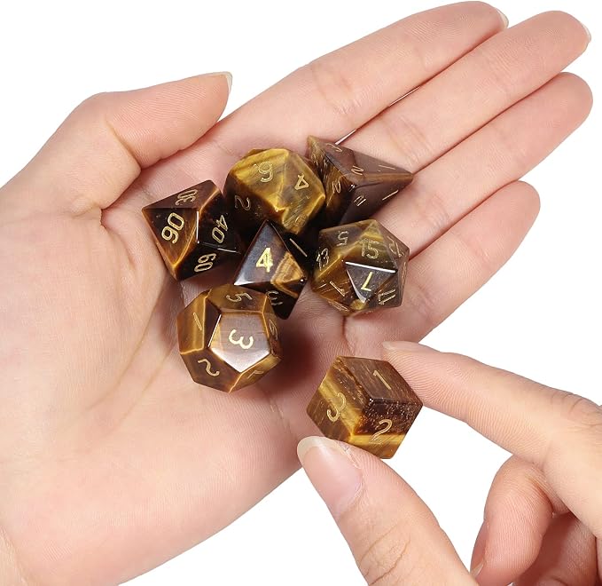 mookaitedecor 7 PCS Tiger's Eye Crystal Polyhedral DND Dice Set, Polished Tumbled Stones Dices for RPG MTG Table Games Home Decoration