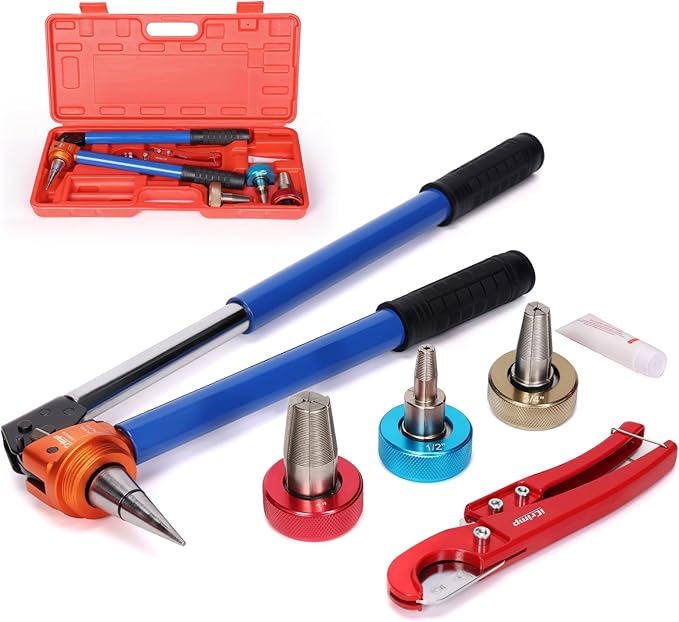 iCrimp Manual PEX Expander Tool Kit with Indexed Auto-Rotating Heads, Extendable Handle for 1/2", 3/4" & 1" ProPEX / F1960 Fittings, Includes Cutter & Lubricant