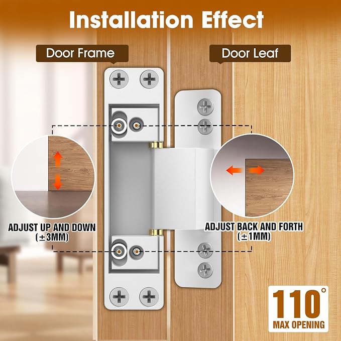 4.5" Hidden Door Hinge/Concealed Hinges,Invisible Hinges,Invisible Door Silent Door Hinge 110 Degree Swing Hinge 2-Way Adjustable Butt Hinge 4.5 x 2 x 1 (2, White)