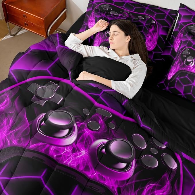 Game Consoles 7 Piece Comforter Set Full Bed in a Bag,Neon Geometric Bedding Set,3D Geometric Gamer Comforter and Sheet Set Purple Flame Bed Set,Gaming Decor for Boys Bedroom Gamer Gifts