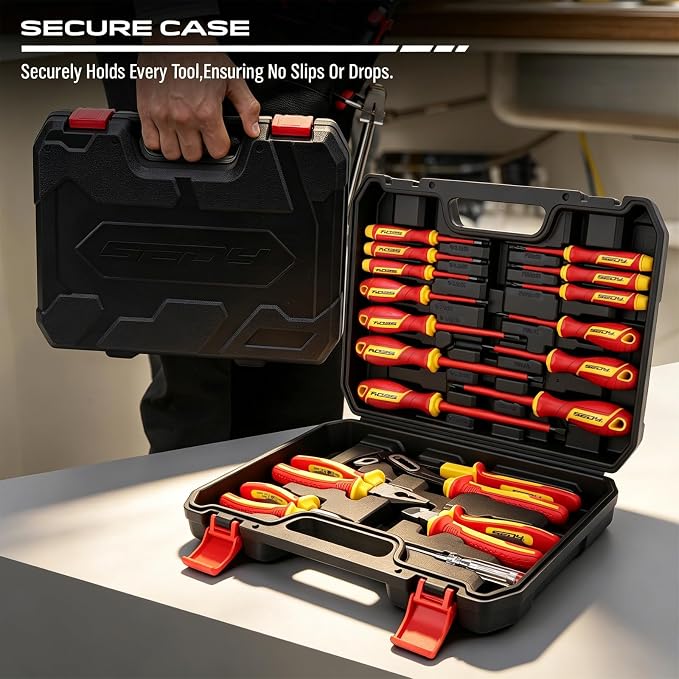 18-Piece Insulated Electrician Tool Set, VDE 1000V Insulated Screwdrivers, Voltage Tester, Long Nose, Diagonal Cutting and Water Pump Pliers for Electrical Work, Home Repair and Maintenance