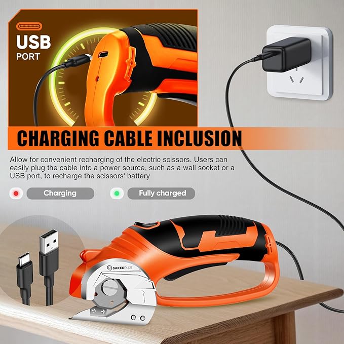SakerPlus Cordless Electric Scissors, 4V Cardboard Cutter, Box Cutter Fabric Scissor with Safety Lock & LED Light, Rechargeable Power Rotary Cutters for Box Carpet Fabric Plastic Leather