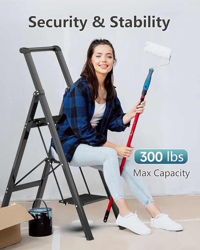SOLADDER 3 Step Ladder, Slim Folding Steps Stool with Handrail, Iron Foldable Black Ladder with Anti-Slip Wide Pedal, for Home, Kitchen, Office, Garage Use (300 lbs Capacity)
