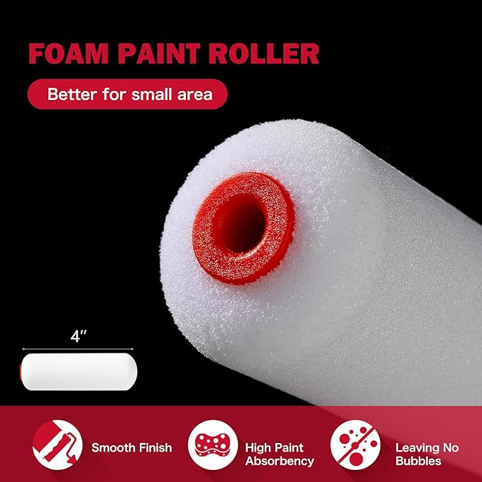 Mister Rui 11-Piece Foam Paint Roller Kit, 4-Inch Roller with Ergonomic Handle, Magnetic Paint Tray & Liners, High-Density Foam Covers with Brush, Painting Supplies for Walls, Cabinets, and Trim