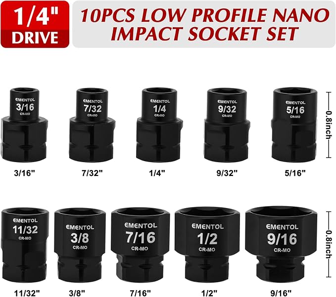 EMENTOL 10-Piece 1/4" Drive Stubby Impact Socket Set, SAE | 3/16"-9/16" Low Profile Sockets, 12mm Base Hex, CR-MO, Compact Design for Tight Access