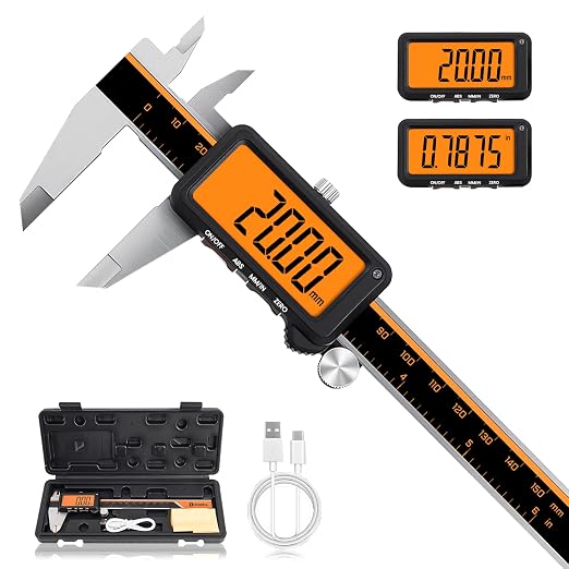 HARDELL Digital Caliper, Rechargeable Calipers with Large Orange Screen (No Backlight), Anti-Glare LCD & ABS Function, in/MM Caliper Measuring Tool, Stainless Steel Micrometer -Auto Off for Household