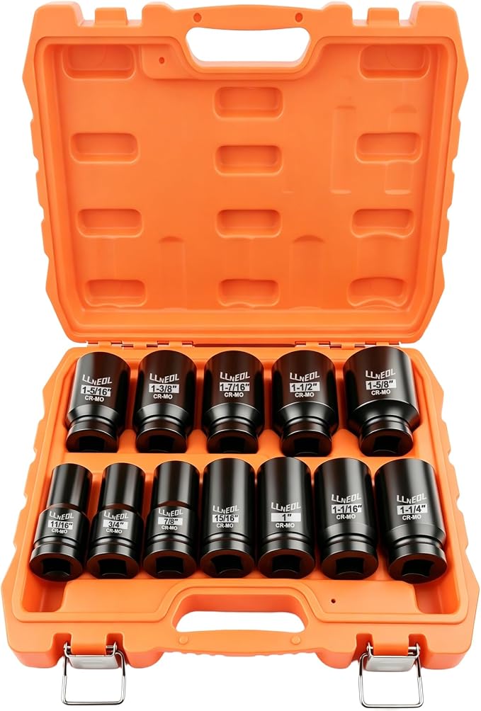 LLNEDL 3/4 Inch Drive Socket Set, 12Pcs Impact Deep/Jumbo Sockets, Standard SAE 11/16" to 1-5/8", 6-Point CR-MO Heavy-Duty Big Socket Set for Large Vehicle & Equipment Maintenance