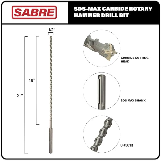 Sabre Tool 1/2 Inch x 21 Inch SDS MAX Rotary Hammer Drill Bit, U-Flute, Carbide Tipped for Brick, Stone, and Concrete (1/2inches x 16inches x 21