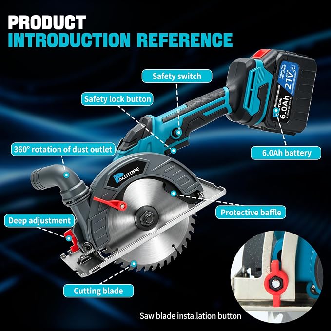 6" Cordless Circular Saw,6900 RPM Power Wood Saw with 2 X 6.0Ah Batteries, 6" Alloy Blade, 2.2"(90°)1.5"(45°) Max Cutting Depth,Portable Table Saw for Wood,Home Renovation
