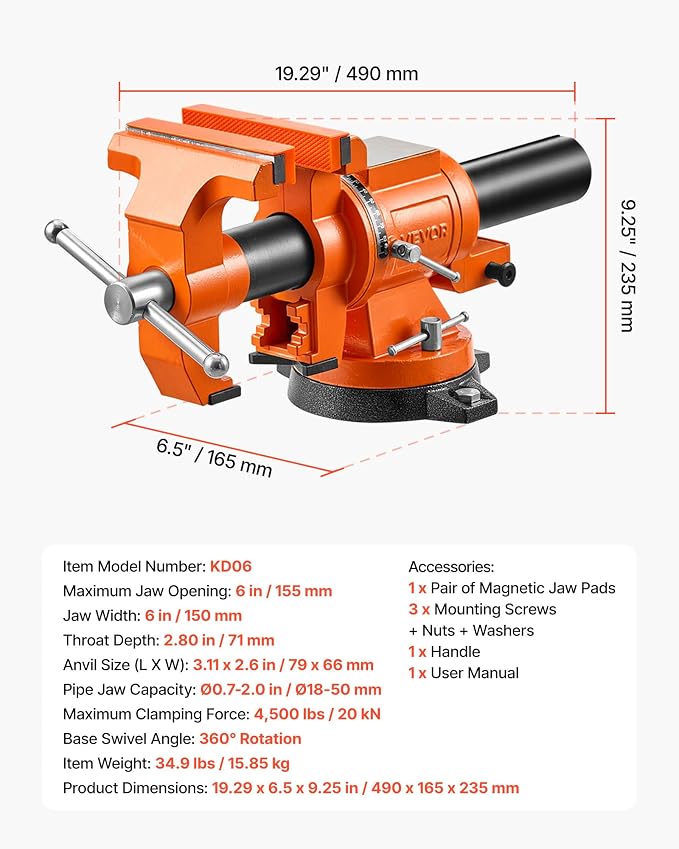 VEVOR Heavy Duty Bench Vise, 6" Jaw Width, Double Swivel Rotating Multi-Purpose Bench Vise, with 360° Locking Swivel Base and Head, 2.8" Throat Depth, 6" Max Jaw Opening, for Drilling, Pipe Cutting