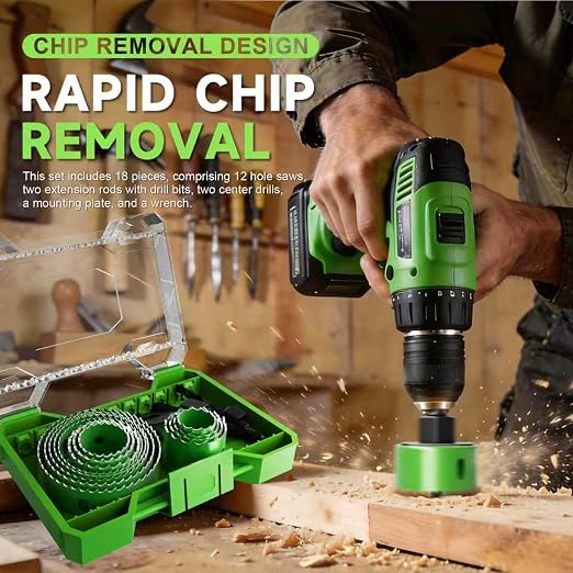 18 Piece Hole Saw Set - High Carbon Steel 19-76mm (3/4" to 3") Blades for Drywall, Softwood, Plastic, and PVC; Professional Grade with Instant Support