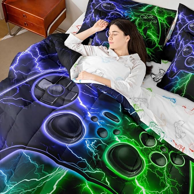 Erosebridal Gamer Twin Comforter Set with Sheets, Gaming 7 Piece Bedding Set Game Boy Games Bed in a Bag, Blue Green Lightning Room Decor,Kids Room Decor