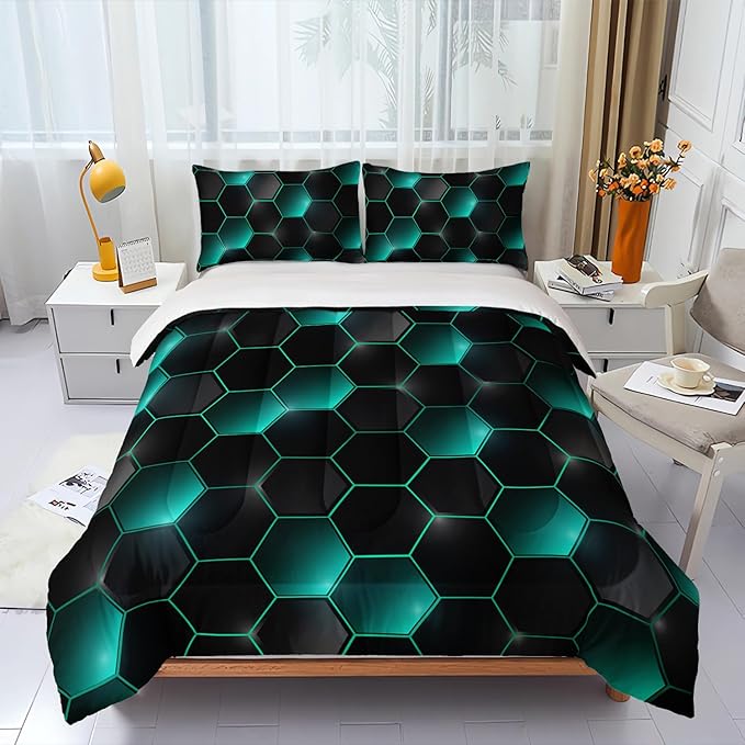 Geometric Black Green Neon Comforter Set,Light Honeycomb 3 Piece Bedding Set Queen for Teen Boys,Modern Bedding Quilt Set Geometry Decor,Microfiber Lightweight 1 Comforter 2 Pillowcases All Season