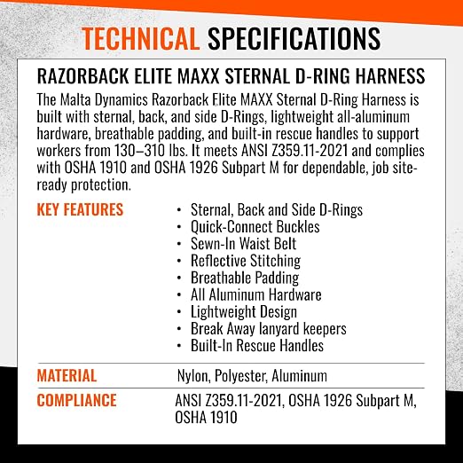 Razorback Elite MAXX - Safety Harness and Fall Protection Kit with Sewn in Lumbar Support Belt and Built-in Rescue Handles for Fall Arrest, OSHA & ANSI Compliant (Large-XLarge)