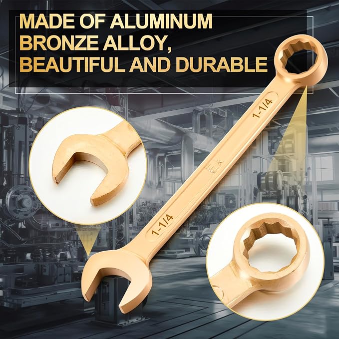 Hicarer 1-1/4" Non-sparking Combination Wrench Non-magnetic Wrench 335 mm Length Aluminum Bronze Combination Spanner for Flammable and Explosive Environment Technician Electrician Die-forged