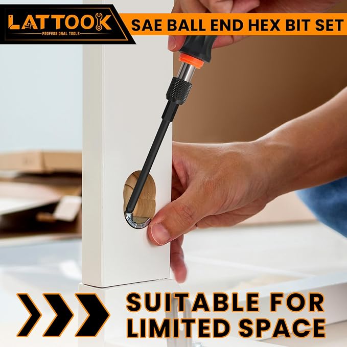 Ball End Hex Bit Set with Quick Release Bit Driver | LATTOOK 10PCS SAE Ball End Hex Head Allen Wrench Drill Bit Set, Allen Key Drill Bit Set, Magnetic S2 Steel, 4'' Long